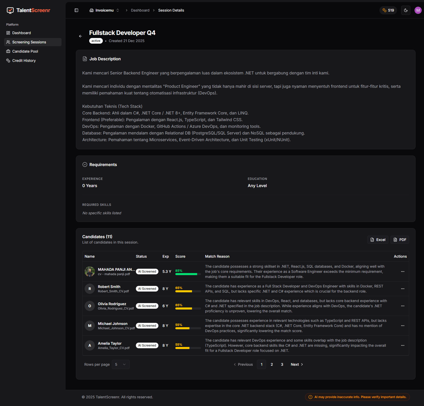 TalentScreenr AI Dashboard Preview showing CV screening results and candidate match scores